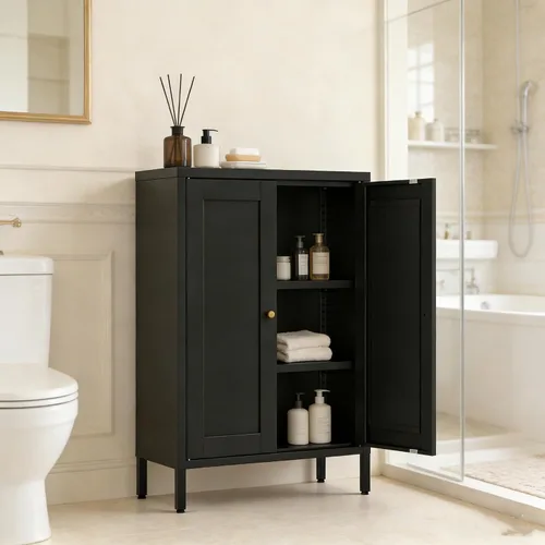 Vista 7 de Gabinete de Almacenamiento de Metal para Baño, Gabinete Aparador Negro con Puertas de Vidrio y Estantes Ajustables, Pequeños Gabinetes de Metal