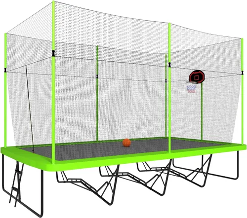 Vista 8 de Tranpolina rectangular para exteriores con aro de baloncesto, 8 x 12 pies, tranpolinas recreativas de 10 x 17 pies con red de recinto, escalera