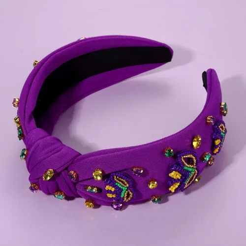 Vista 4 de Diadema de Mardi Gras para mujer, diadema de corona de flor de lis, diadema morada con diamantes de imitación y nudo superior, accesorios