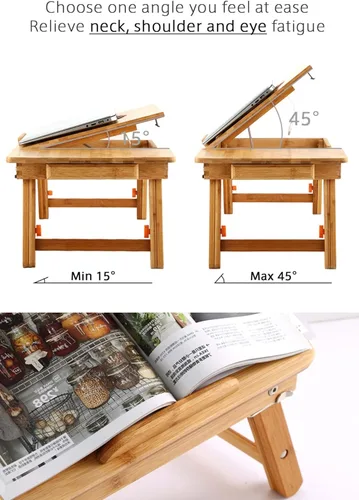 Vista 6 de Mesa para laptop Nnewvante ajustable de bambú, bandeja plegable para servir el desayuno en la cama con cajón superior inclinable