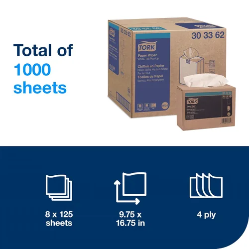 Vista 2 de Tork Limpiaparabrisas de papel blanco autoservicio, caja emergente, 8 x 125 hojas, 303362