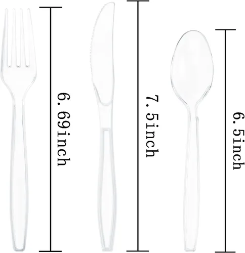 Vista 8 de 360 piezas de cubiertos de plástico transparente resistente, 150 tenedores, 150 cucharas, 60 cuchillos, libres de BPA, resistentes al calor, juego
