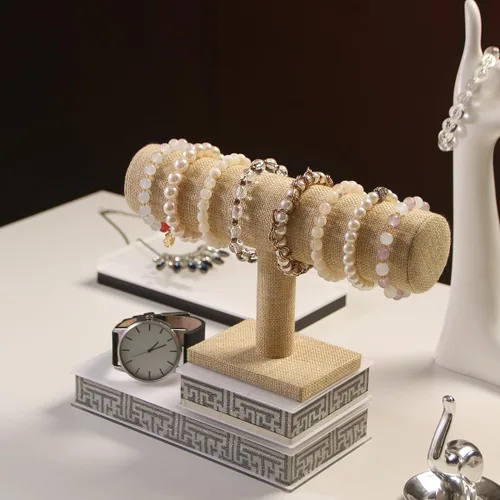 Vista 3 de Justsoso Soporte para pulsera con barra en T, soporte de exhibición de pulsera de lino natural para exhibición en tienda, organizador de joyas