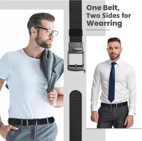Vista 3 de Cinturones de trinquete de liberación rápida para hombre, cinturón de nailon reversible dos en uno para hombre casual y vestido deportivo
