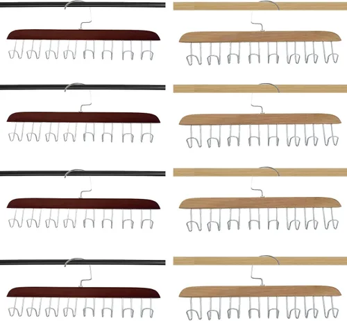 Vista 8 de 4 soportes de madera para cinturones, colgador multifuncional para cinturón de madera con 8 ganchos de metal, organizador de perchas de madera