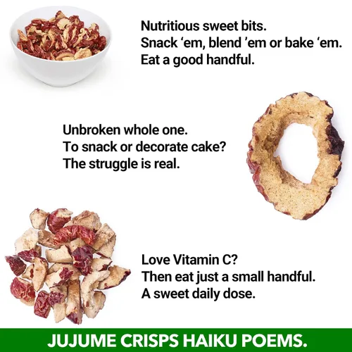 Vista 10 de Producto orgánico de azufaifo puro cultivado en California USDA JUJUME Crisps Chips de azufaifo dulce Cero azúcar añadido o conservantes