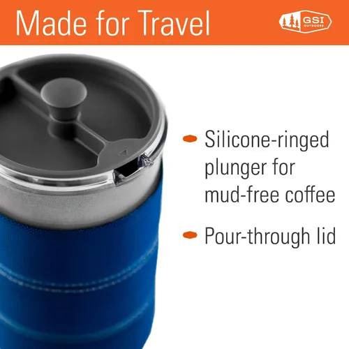 Vista 5 de GSI Outdoors, Cafetera de prensa francesa JavaPress de 30 onzas líquidas para acampar y viajar, color azul