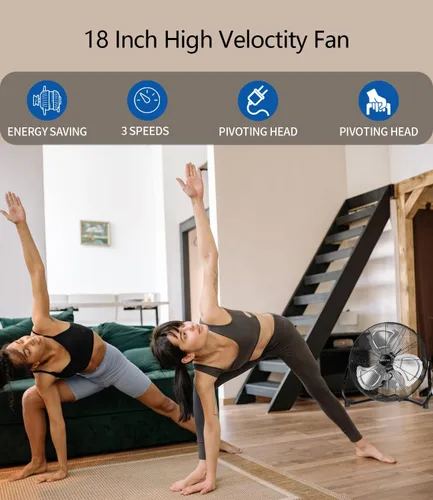 Vista 3 de BEESTAR Ventilador de piso de 18 pulgadas, ventilador de alta velocidad con 3 velocidades y cabezal inclinable ajustable, ventilador industrial