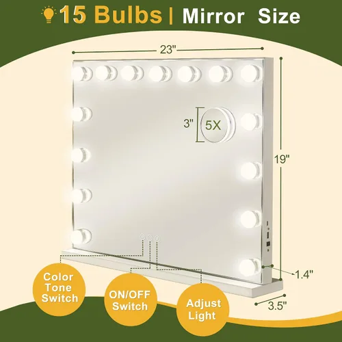 Vista 3 de NicBex Espejo de maquillaje con luces, espejo de maquillaje Hollywood con 15 luces LED regulables, tacto inteligente con ajuste de 3