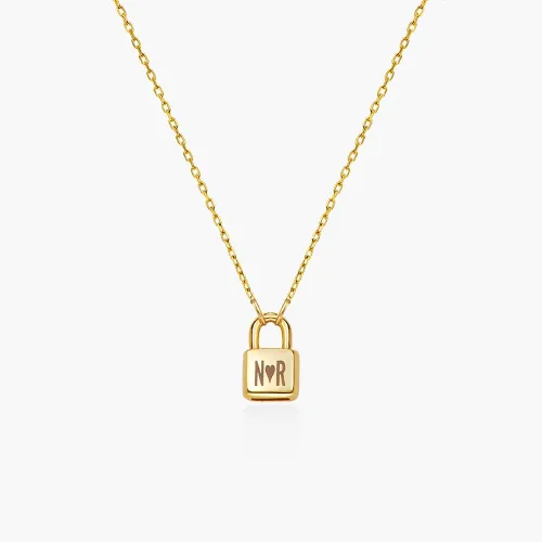 Vista 2 de Collar con dije de bloqueo inicial personalizado con cadena de eslabones de clip - Oro amarillo de 14 quilates, plata de ley 0.925, oro de 18
