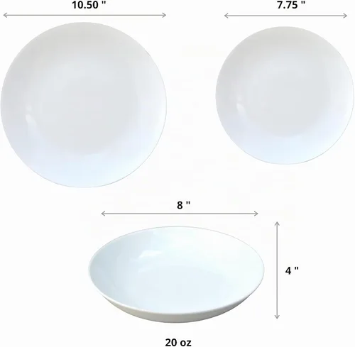 Vista 2 de Euro Ceramica Bianco Collection - Juego de vajilla de 18 piezas, multiusos, funcional, esencial, blanco, servicio para 6 platos blancos para cenar
