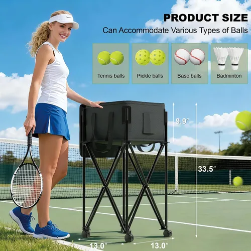Vista 3 de Tolva de pelota de tenis para 120 pelotas, cesta de pelota de tenis con bolsa de almacenamiento extraíble, carrito de pelota de tenis con ruedas
