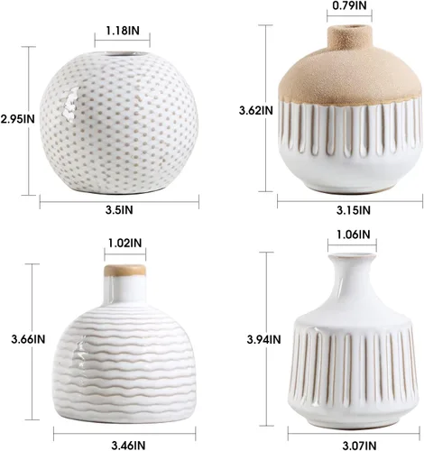 Vista 5 de Juego de 4 jarrones pequeños de cerámica minimalista boho para dormitorio, sala de estar, oficina, chimenea, centro de mesa, jarrones blancos Antiguo
