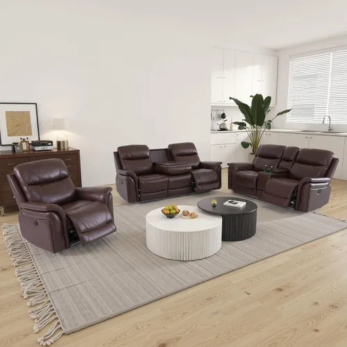 Vista 14 de Juego de sofá reclinable eléctrico de cuero con LED, juego de muebles de sala de estar, juego de sofá de cuero con puerto USB, consola