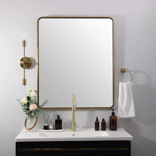 Vista 47 de Espejo de latón para baño, espejo rectangular redondeado de 22x30 pulgadas con marco de metal cepillado dorado, espejo de tocador de baño sin