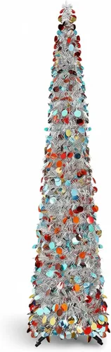 Vista 10 de Aoriher Árbol de Navidad de Oropel Negro Plegable Emergente Preiluminado de 5 pies con Luces de Cadena Moradas, Árbol Artificial Reutilizable