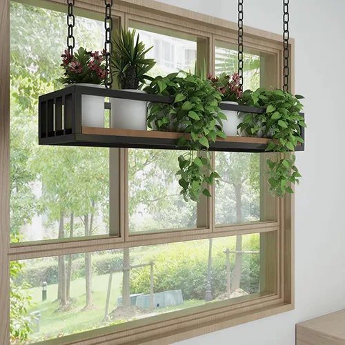 Vista 3 de Percha de hierro negro de estilo industrial, estante de madera, soporte de flores, estantes para colgar en la pared, marco rectangular decorativo