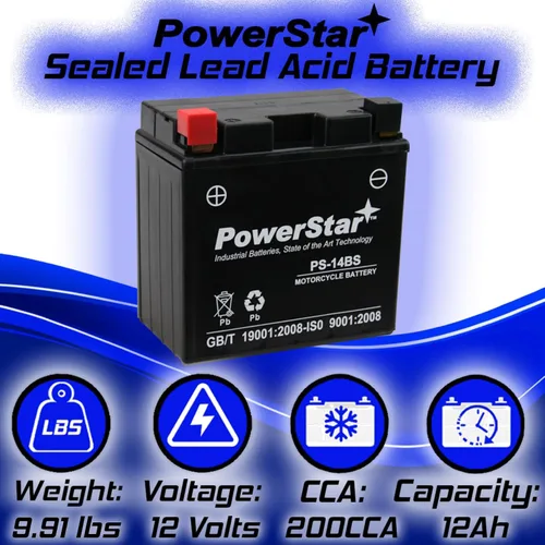 Vista 3 de PowerStar YTX14-BS, YTX14, KMX14-BS, FTX14-BS Batería de repuesto 200cca Alto rendimiento WP14-BS sellado AGM para Powersports