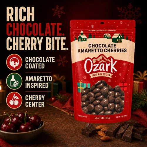 Vista 4 de OZARK NUT ROASTERS: Cerezas de chocolate y amaretto, embalaje festivo de Navidad de temporada, cerezas recubiertas de chocolate con leche gourmet