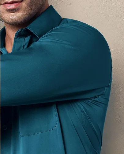 Vista 6 de DEMEANOR Camisa de vestir para hombre, ajustada, de manga larga, con botones, elástica, sin arrugas, formal, para boda, con bolsillo