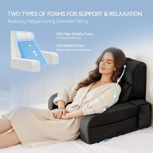 Vista 3 de Kayfia Almohada de lectura, almohada de espalda 10 en 1 para cama sentada con reposabrazos desmontable, respaldo con espuma viscoelástica de gel