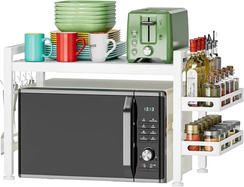 Vista 8 de YIUKEA Estante extensible para horno de microondas, estante ajustable para encimera de cocina, soporte de microondas de 2 niveles