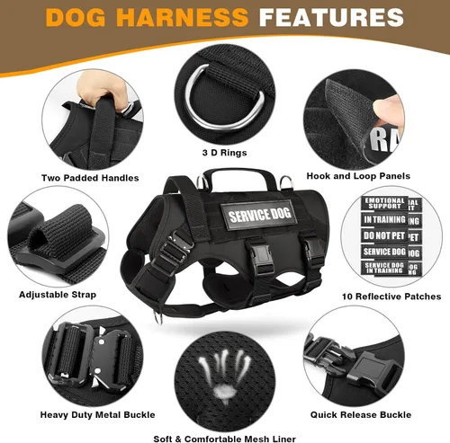 Vista 3 de WINSEE - Arnés tipo chaleco para perro de servicio para perro mediano, chaleco táctico MOLLE con 10 parches para mascotas, arnés resistente sin