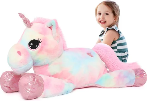 Vista 10 de Tezituor Juguetes de unicornio de peluche de 32 pulgadas, animales de unicornio gigante beige de peluche, encantadoras decoraciones de peluche