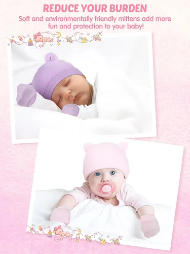 Vista 6 de Geyoga Juego de 12 guantes para recién nacido, gorro de algodón para bebés de 0 a 12 meses