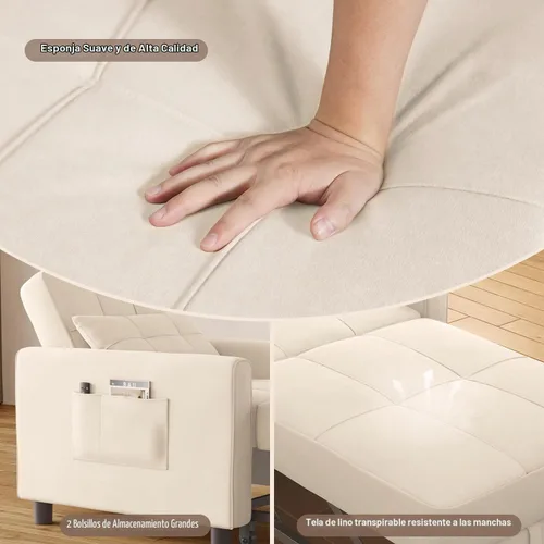 Vista 6 de Aiho - Sofá cama convertible 3 en 1 con diseño ajustable, color beige Respaldo ajustable con cama extraíble, almohada y bolsillo de almacenamiento