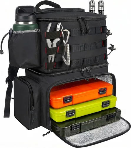 Vista 12 de MATEIN Mochila para Pesca, Bolsa de Equipo de Pesca Resistente al Agua con Soportes para Caña de Pescar y Enfriador, Regalos de Equipo para Hombres