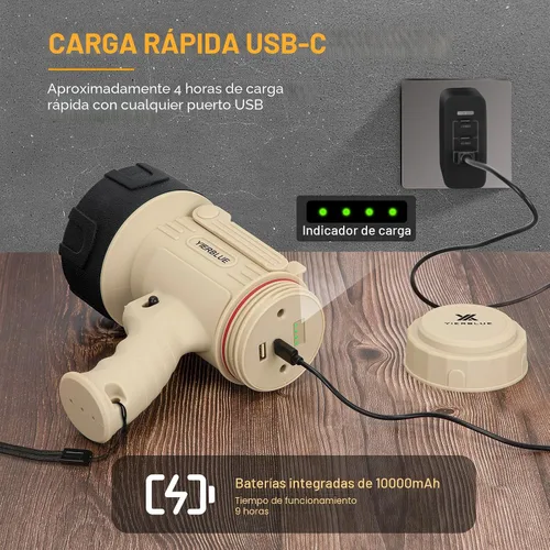 Vista 5 de YIERBLUE Linterna de Foco Recargable con LED de 1000000 Altos Lúmenes, Foco de Largo Alcance Impermeable IP67, Foco de Mano Resistente a Impactos