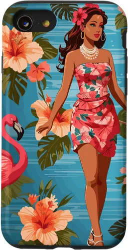 Vista 18 de iPhone 12 Pro Max Vintage Tiki Design - Funda hawaiana retro de flores hula y flamencos