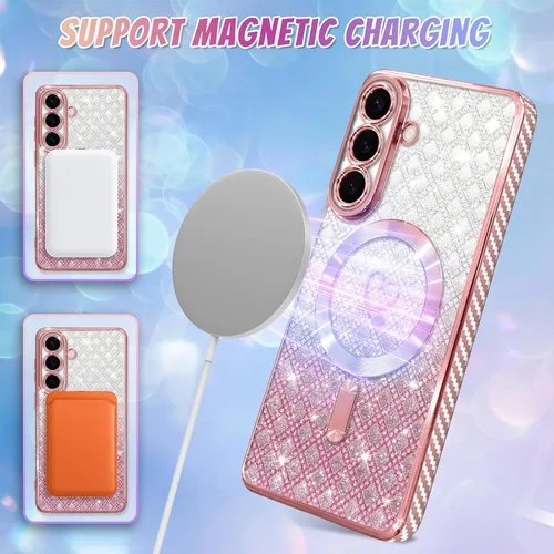 Vista 472 de Bonoma - Funda compatible con Samsung Galaxy S21 Plus, diseño de corazón con purpurina, color rosa Support for MagSafe, Plating Magnetic Case TPU
