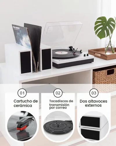Vista 5 de Reproductores de discos de vinilo con 2 altavoces externos y tocadiscos Bluetooth, color blanco 01-Cuero blanco