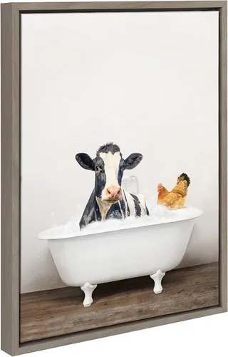 Vista 8 de Kate and Laurel Sylvie - Lienzo enmarcado con diseño de vaca y pollo en baño rústico por Amy Peterson Art Studio, dorado de 18 x 24 pulgadas, arte