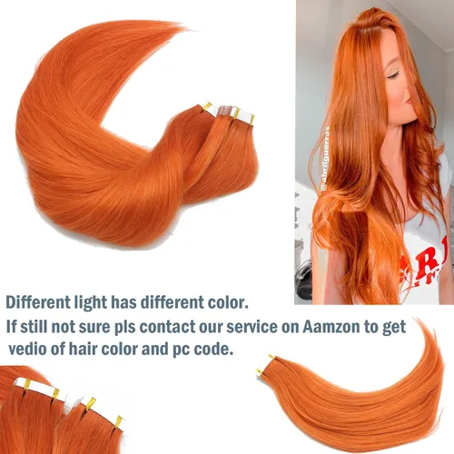 Vista 3 de Extensiones de cabello con cinta adhesiva en cabello humano grueso naranja de 18 pulgadas
