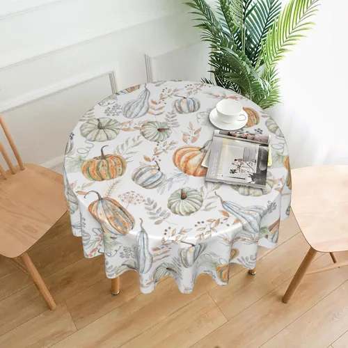 Vista 2 de Mantel redondo de calabaza blanca de otoño de 60 pulgadas para Acción de Gracias, naranja y gris, mantel de acuarela de cosecha reutilizable