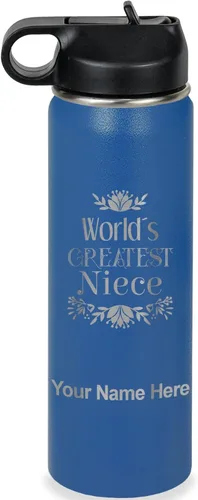 Vista 24 de LaserGram Botella de agua con tapa abatible de doble pared de 12 onzas con pajilla, sobrina más grande del mundo, grabado personalizado incluido