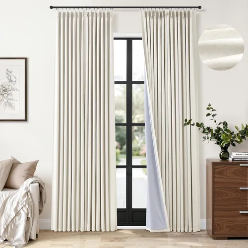 Vista 19 de Cortinas opacas plisadas de lino beige y blanco de 90 pulgadas de largo para dormitorio o sala de estar, juego de 2 paneles, oscurecimiento