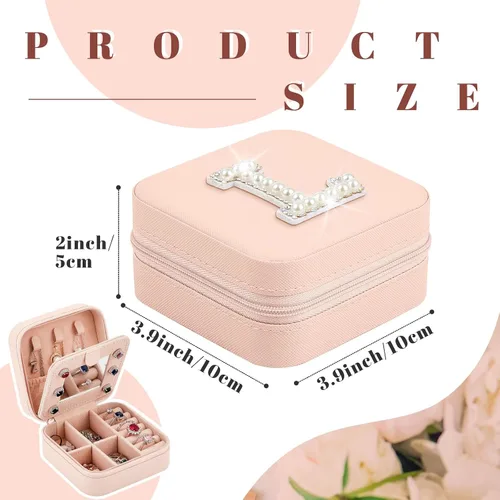 Vista 2 de Joyero de viaje con inicial, mini organizador de joyas rosa con espejo, anillo de viaje, aretes, soporte de joyería para mujeres, niñas, mamá