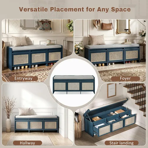 Vista 6 de Entryway Cushioned Storage Shoe Bench，Antique Navy-Q