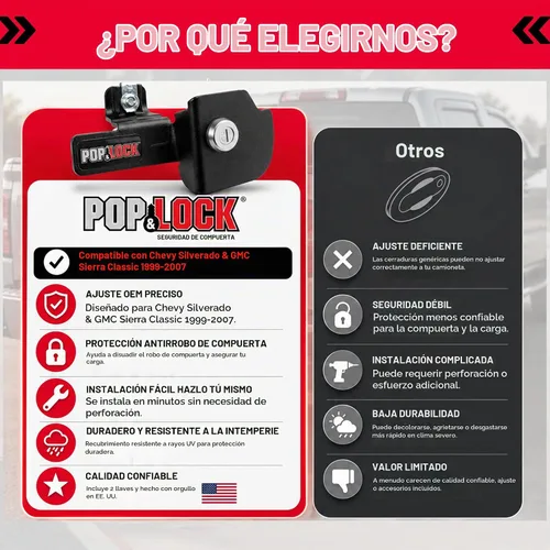 Vista 7 de Pop Y Lock PL1100 Candado Negro Manual para Portón Trasero para Chevy/GMC (Classic).