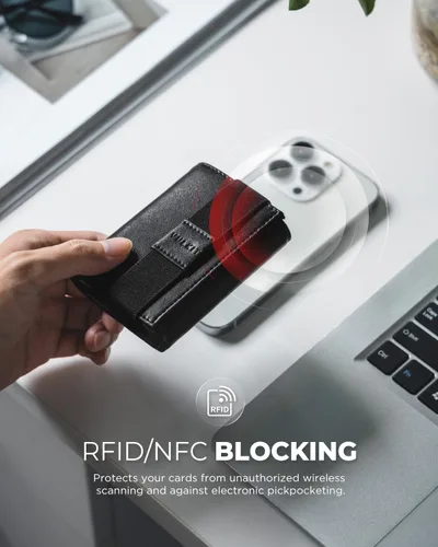 Vista 5 de VULKIT Cartera minimalista de cuero con bloqueo RFID triple con banda elástica, soporte delgado para tarjetas de crédito con 3 ventanas
