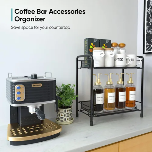 Vista 3 de Organizador de estación de café para encimera, organizador de barra de café, estantes de accesorios para encimera de cocina de 2 niveles (negro)