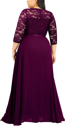 Vista 2 de Miusol Vestido largo formal de encaje floral con cuello en V para mujer, talla grande, para dama de honor, fiesta