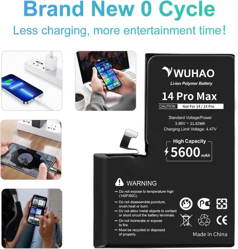 Vista 5 de Batería para iPhone 14 Pro Max, 5600 mAh actualizada para iPhone 14 Pro Max A2894 A2651 A2893 A2895 Batería con protector de lente de cámara +