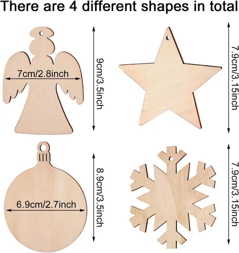 Vista 2 de Blulu 60 Pieces Christmas Wooden Ornaments 3.5" Round Wood Slices Snowflake Angel Shape with Cords for DIY Crafts New Year Christmas Tree Pendant