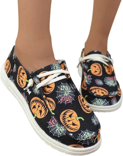 Vista 6 de Zapatos deportivos de lona con estampado de calabaza de Halloween para mujer, zapatos bajos de lona para decoración de Halloween, zapatos planos