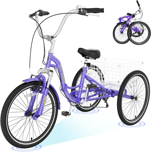 Vista 17 de H&ZT Triciclo para adultos, bicicleta de 3 ruedas, triciclo crucero, con cambio de 7 velocidades, manilla de freno de estacionamiento, paso bajo
